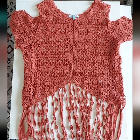 Cold shoulder crocheted floral sweater with fringe by She + Sky - Picture 1 of 9